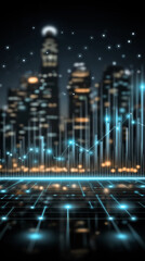 Fototapeta premium Night Cityscape with Data Flow: Futuristic cityscape at night with glowing data streams and graphs overlayed, suggesting technological advancement and data flow.