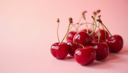 Pile of glossy ripe red cherries with stems on pink background