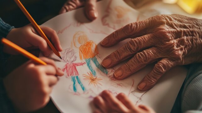 A child drawing with pencils while being assisted by elderly hands