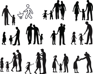 family silhouettes, group of people silhouettes, family togetherness, parenting, children, parents, grandparents, multigenerational, monochrome, black and white, line art, minimalist, vector illustrat