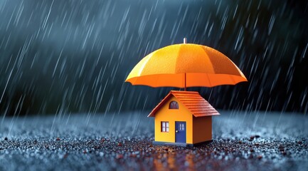A colorful miniature house protected by an umbrella amidst falling rain, symbolizing shelter and safety in adverse weather.