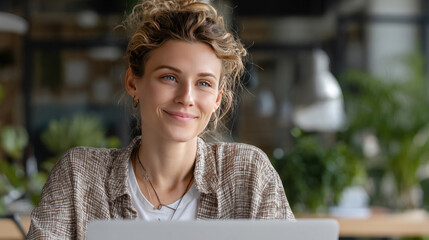 Close-up of female programmer working on laptop, smiling and making eye contact, digital workplace setting with tech decor and natural light