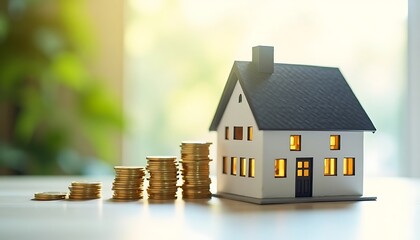 Toy house and stacks of coins represent investment in real estate.