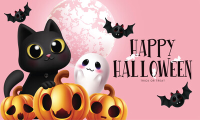 Halloween trick or treat greeting clipart banner. Happy Halloween greeting text clip art with cute pumpkins, cat, ghost and flying bats characters in pink background for horror party invitation card 