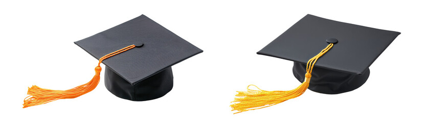 Two graduation caps with colorful tassels arranged side-by-side, symbolizing achievement and education