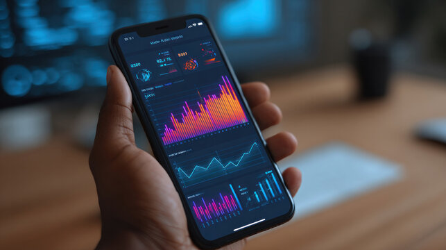 Close-up of hand holding smartphone displaying business data reports, glowing graphs and charts on screen, online work concept, modern workspace background