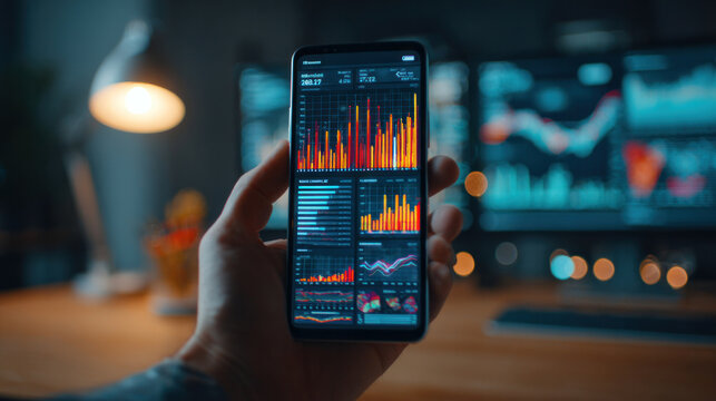 Close-up of hand holding smartphone displaying business data reports, glowing graphs and charts on screen, online work concept, modern workspace background