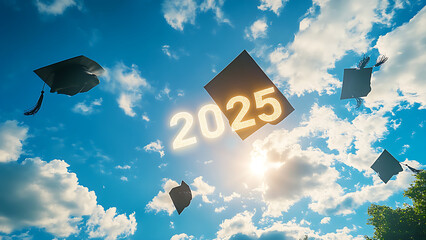 A golden "2025" floats in the clear sky with a graduation cap, a sign of graduation celebration.