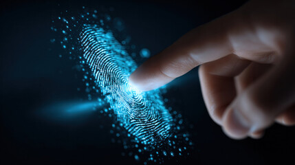 Close-up of male hand touching virtual fingerprint scanner, concept of passwordless access and identity verification, neon blue cyber security interface