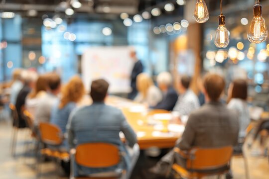 Teamwork, planning and blur with business people in meeting for discussion, presentation and brainstorming. Professional, workshop and consulting with group of employees in agency for speaker