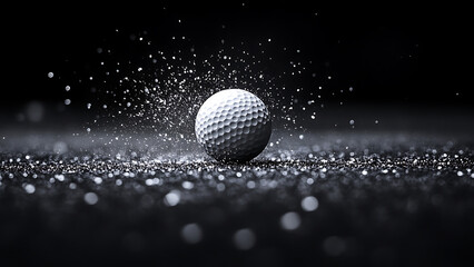 A grayscale photograph features a golf ball surrounded by a scattering of shimmering dust particles. The image conveys a sense of precision and the detail captured evokes texture and movement.