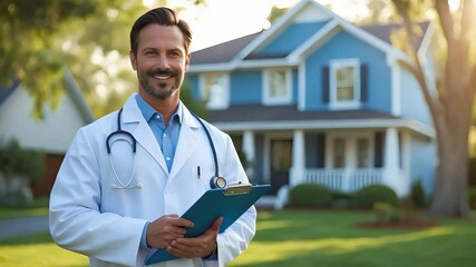 Smiling male doctor in white coat holding clipboard outside suburban home during house call on sunny day in residential neighborhood

