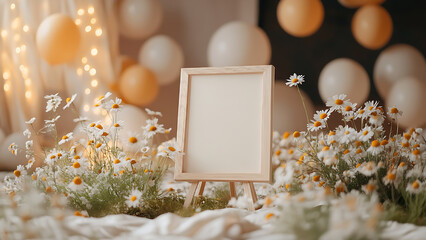 an empty frame supported by canvas and surrounded by daisies and balloons.