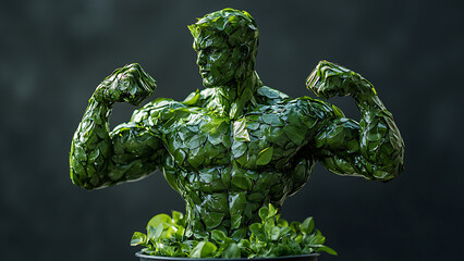 Statue of a muscular man with bent arms. This statue is made of green leaves on a dark gray background, this image is one form of support for greening.