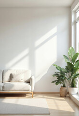 Sunlit minimalist living room with a comfortable sofa and plants