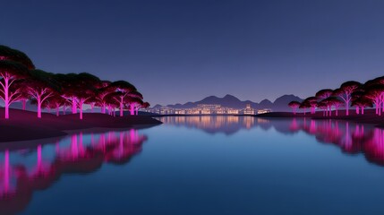 Obraz premium Glowing neon trees lining a serene lake with a city skyline in the background