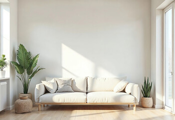Bright and Cozy Living Room with Sofa and Plants
