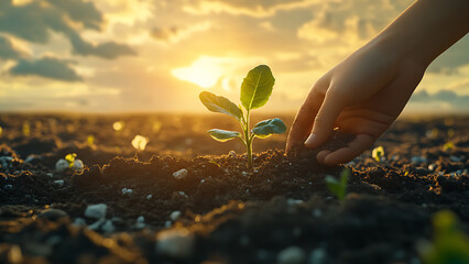 A tender hand gently cups a verdant sprout emerging from fertile soil. Against a backdrop of a sun-drenched field, it symbolizes growth.