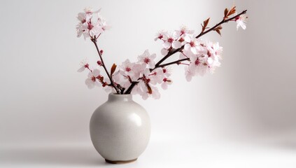 Cherry blossoms in a ceramic vase, displayed on a white background for natural beauty.