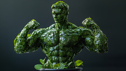 Statue of a muscular man with bent arms. This statue is made of green leaves on a dark gray background, this image is one form of support for greening.