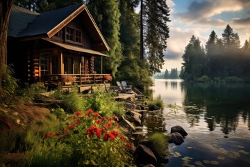 Obraz premium Charming lakeside cabin surrounded by lush greenery and vibrant flowers at sunset