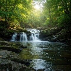 Fototapeta premium Flowing River Through Lush Green Forest with Sunlight and Rapids