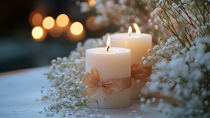 Two lit candles decorated with ribbons and baby's breath flowers create a soft and romantic light. This image is meant to evoke feelings of peace, warmth, and celebration.