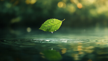 A green leaf hangs over the water, creating ripples. This serene image depicts the peace of nature, perfect for conveying a calm mood.