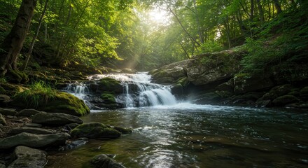 Obraz premium Flowing River Through Lush Green Forest with Sunlight and Rapids