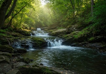 Obraz premium Flowing River Through Lush Green Forest with Sunlight and Rapids