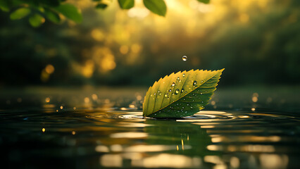 A green leaf falls into the calm waters, creating ripples against the blurry sunlight