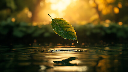 A green leaf falls into the calm waters, creating ripples against the blurry sunlight