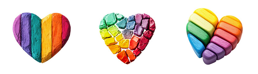 Three colorful hearts expressing love, joy, and inclusivity. They are formed using an array of vibrant, artistic, textured materials, creating a heartwarming display of affection and unity.