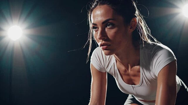 Focused athlete woman prepares for sprint start. Woman training body with discipline in dark gym environment. Strength visible in athlete posture. Fitness workout shows sport strength, woman power.