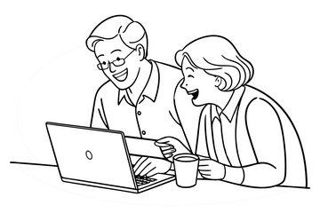 Happy mature older family couple laughing, bonding sitting at home table with laptop. Smiling middle aged senior 50s husband and wife having fun satisfied with buying insurance, paying bills online