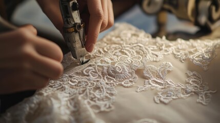 Detailed Close-Up of Seamstress Hand Stitching Delicate Lace Fabric with Tool