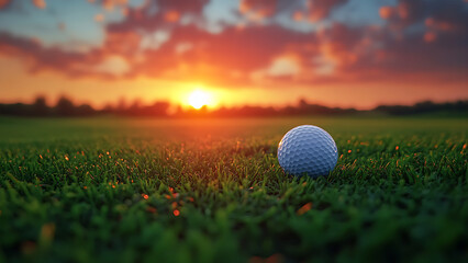 A golf ball sits in the grass, centered against a setting sun, The warm hues and focus on nature give a sense of serenity.