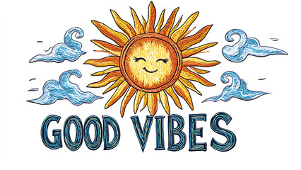 An illustration of a sun with the words "GOOD VIBES" overlaid. The image is intended to inspire positive and uplifting submissions.