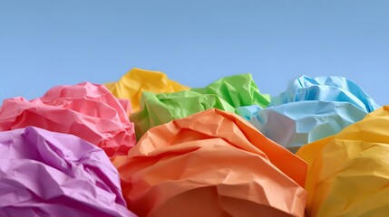 Crumpled paper in vibrant rainbow colors representing a creative process.