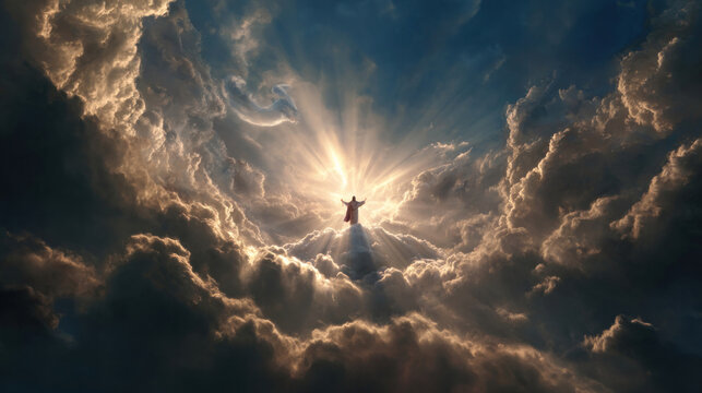 Heavenly scene with resurrected Christ rising above clouds, light rays surrounding him, dramatic biblical sky and angelic presence in background