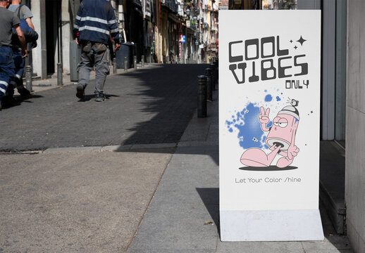 Blank A-frame in Urban Madrid Street Setting. PSD mockup template ready for your logo design