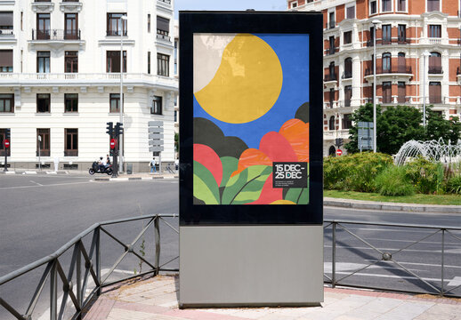 Blank Urban Panel in Madrid Center. PSD mockup template ready for your logo design