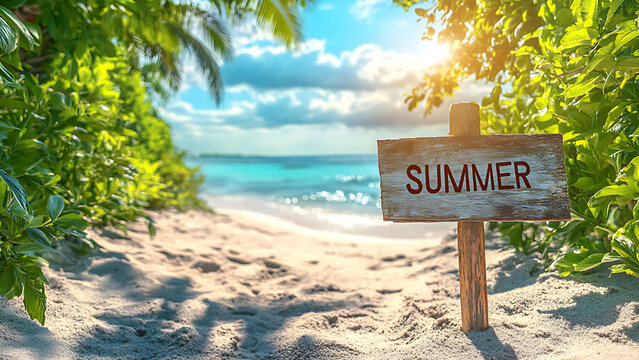 Summer themed image of a beach with calm blue ocean. A wooden sign in the foreground reads "SUMMER".