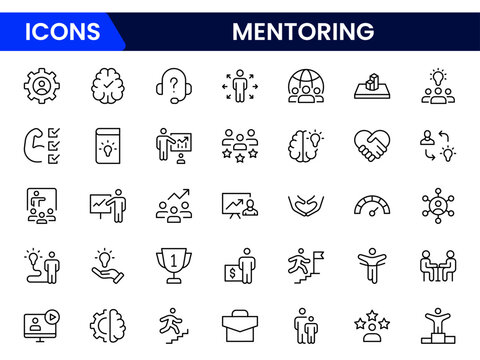 Supportive vector web line icons depicting mentoring, guidance, coaching, knowledge sharing, and professional growth for empowering personal development.