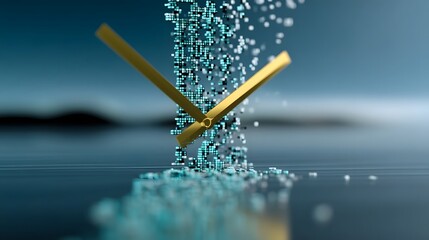 Digital clock dissolving into abstract pixels