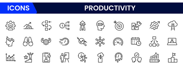 Efficient vector web line icons depicting productivity tools, task management, time optimization, workflows, and goal-driven performance solutions.