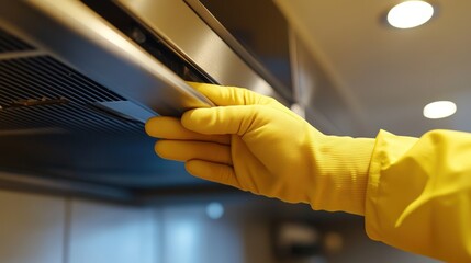A person wearing yellow cleaning gloves is wiping a kitchen exhaust hood with a cloth under warm lighting.