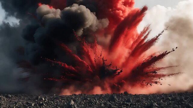 Powerful ground explosion with red and black smoke clouds erupting into the air during high-impact detonation in rocky outdoor terrain


