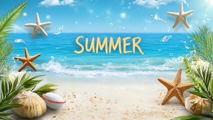 "Summer" text overlaying a beach scene, shows turquoise waves, sand with starfish and shells, and palm fronds on either side.