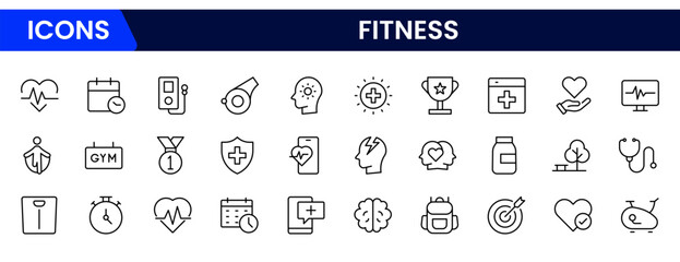 Vibrant vector web line icons depicting health, fitness, exercise, nutrition, wellness, and active lifestyles for optimal well-being.